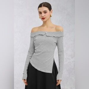 Cute stripes asymmetrical long sleeve off shoulder top NWOT